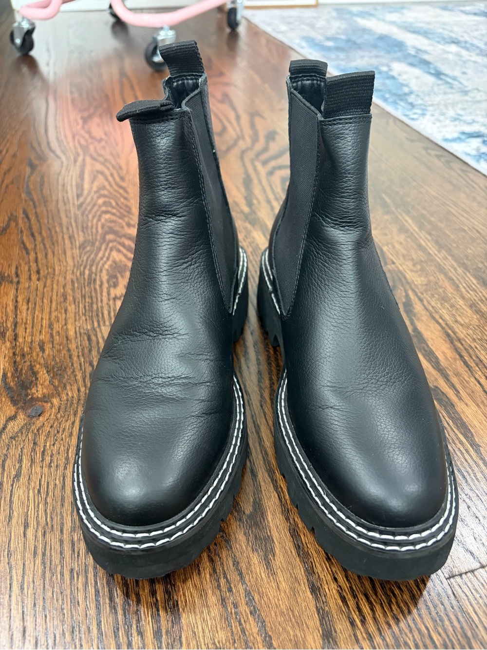 Dolce Vita Black Leather Chelsea Lug Boots with White Contrast Stitching